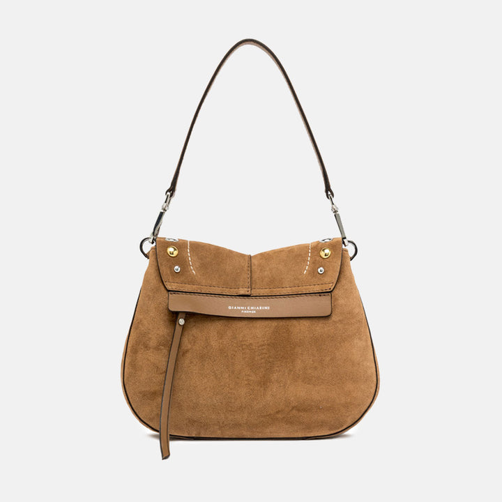 brown suede saddle bag with contrast stitching, silver & gold studs and leather shoulder and crossbody straps