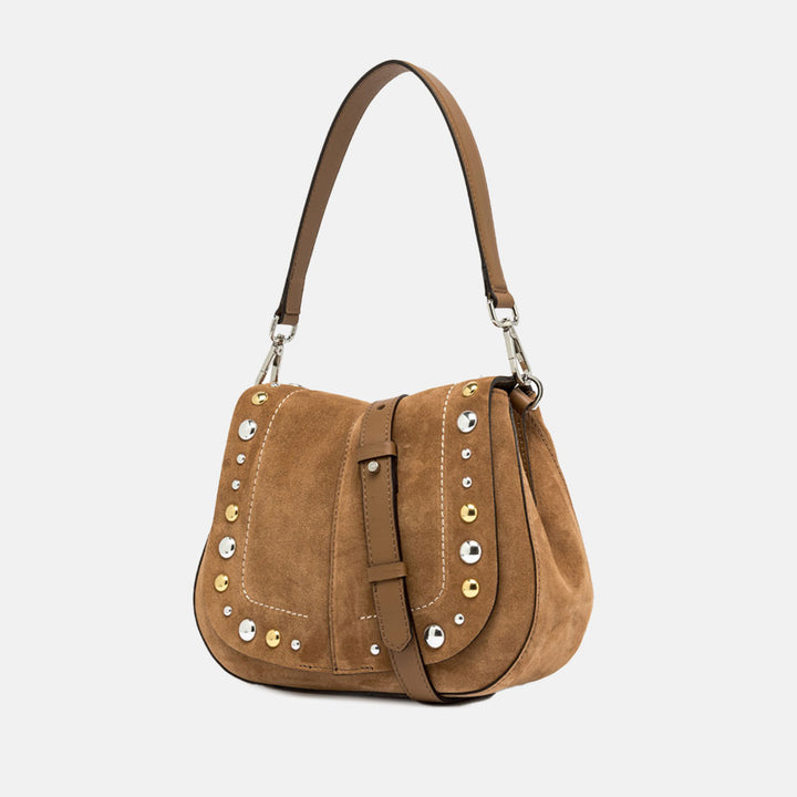 brown suede saddle bag with contrast stitching, silver & gold studs and leather shoulder and crossbody straps