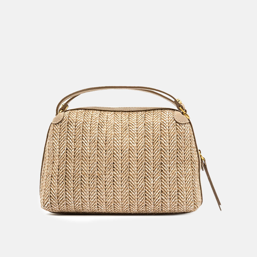 Woven handbag with a strap on a light grey background