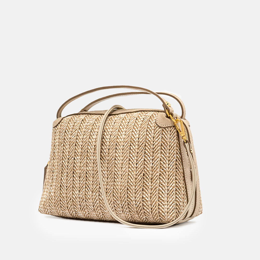 Woven handbag with a strap on a light grey background