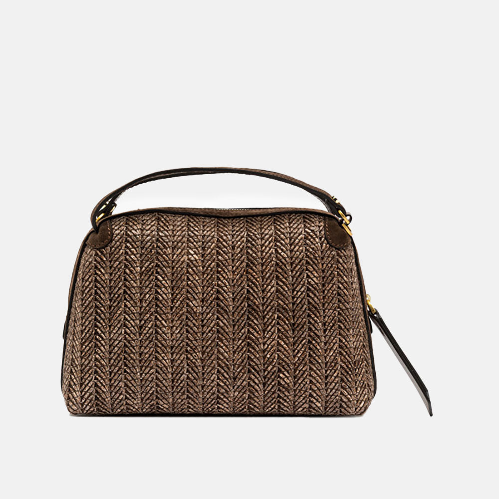 Dark brown woven straw handbag with a strap on a light grey background