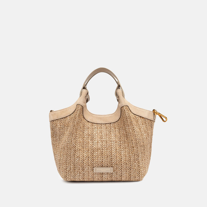 woven straw tote bag with tonal grab handles and  detachable adjustable leather shoulder strap