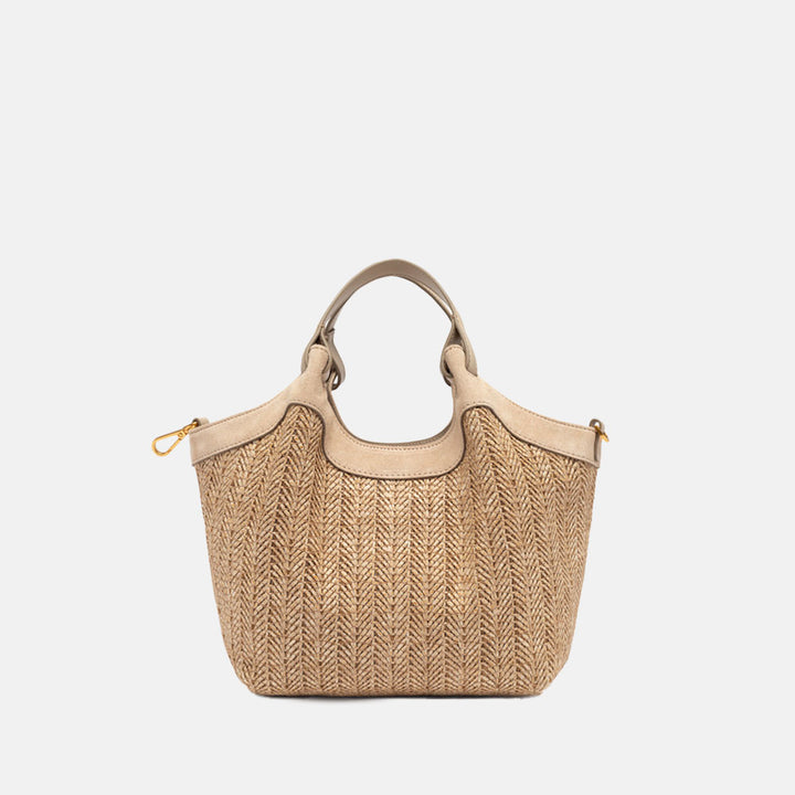 woven straw tote bag with tonal grab handles and  detachable adjustable leather shoulder strap