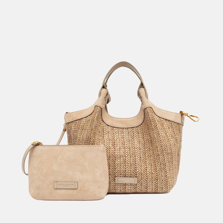 woven straw tote bag with tonal grab handles and  detachable adjustable leather shoulder strap