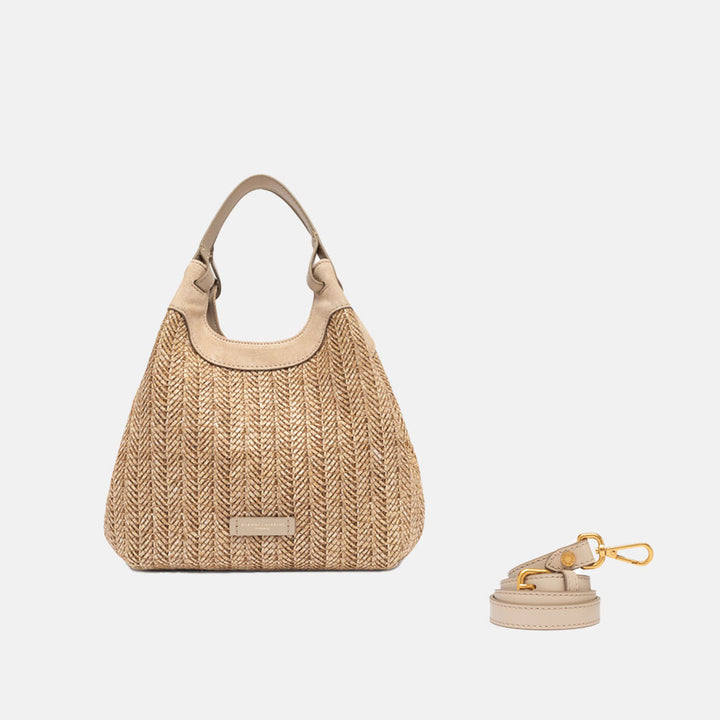 woven straw tote bag with tonal grab handles and  detachable adjustable leather shoulder strap