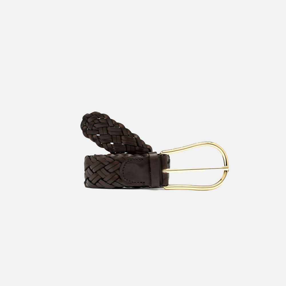 Brown braided belt with a gold buckle on a white background