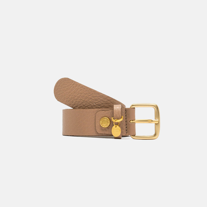 Brown leather belt with gold buckle on a light grey background