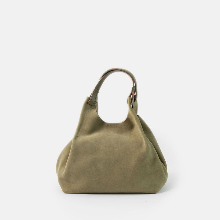 green suede bucket style handbag with green leather handle
