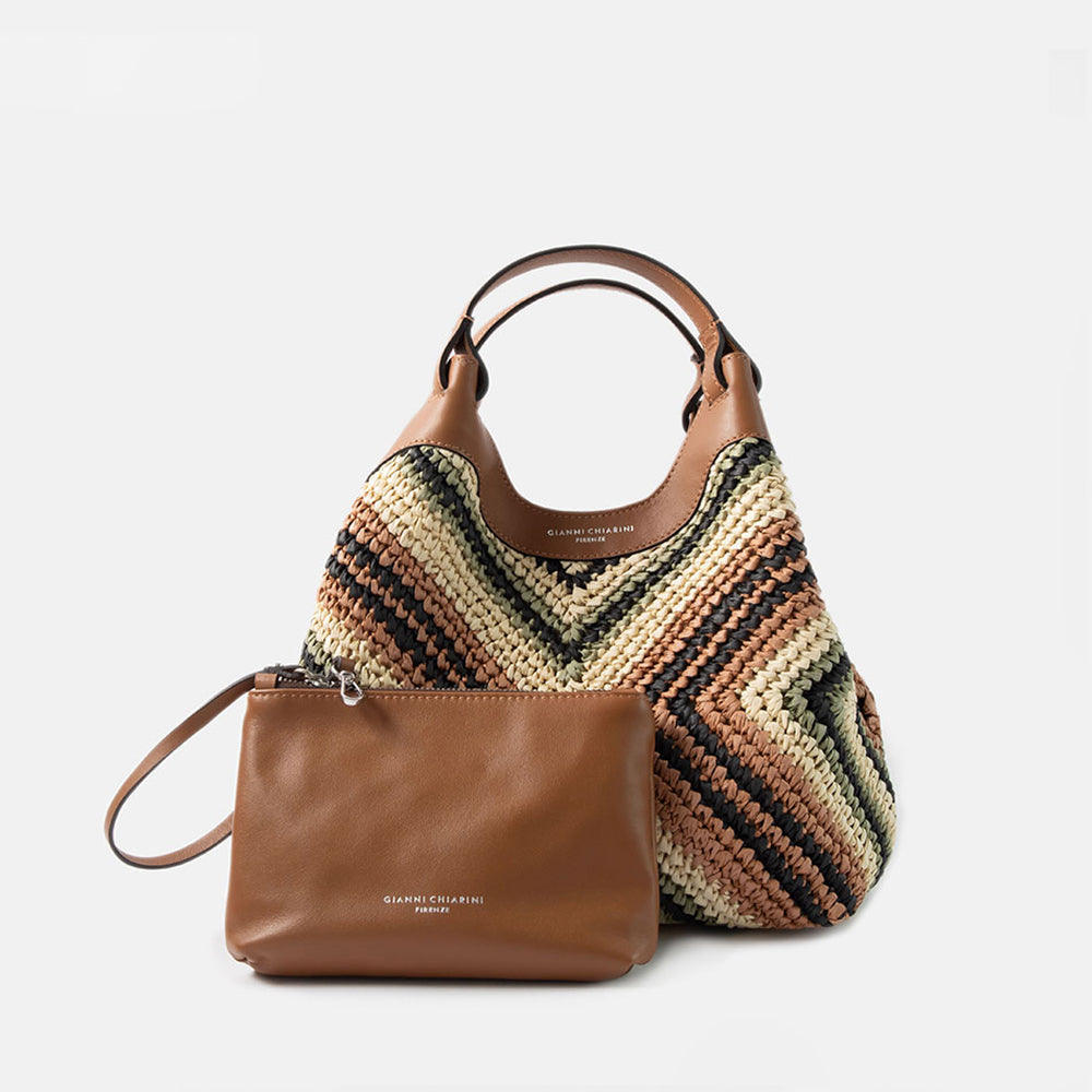brown, beige and green chevron design woven straw handbag with accompanying brown leather clutch bag