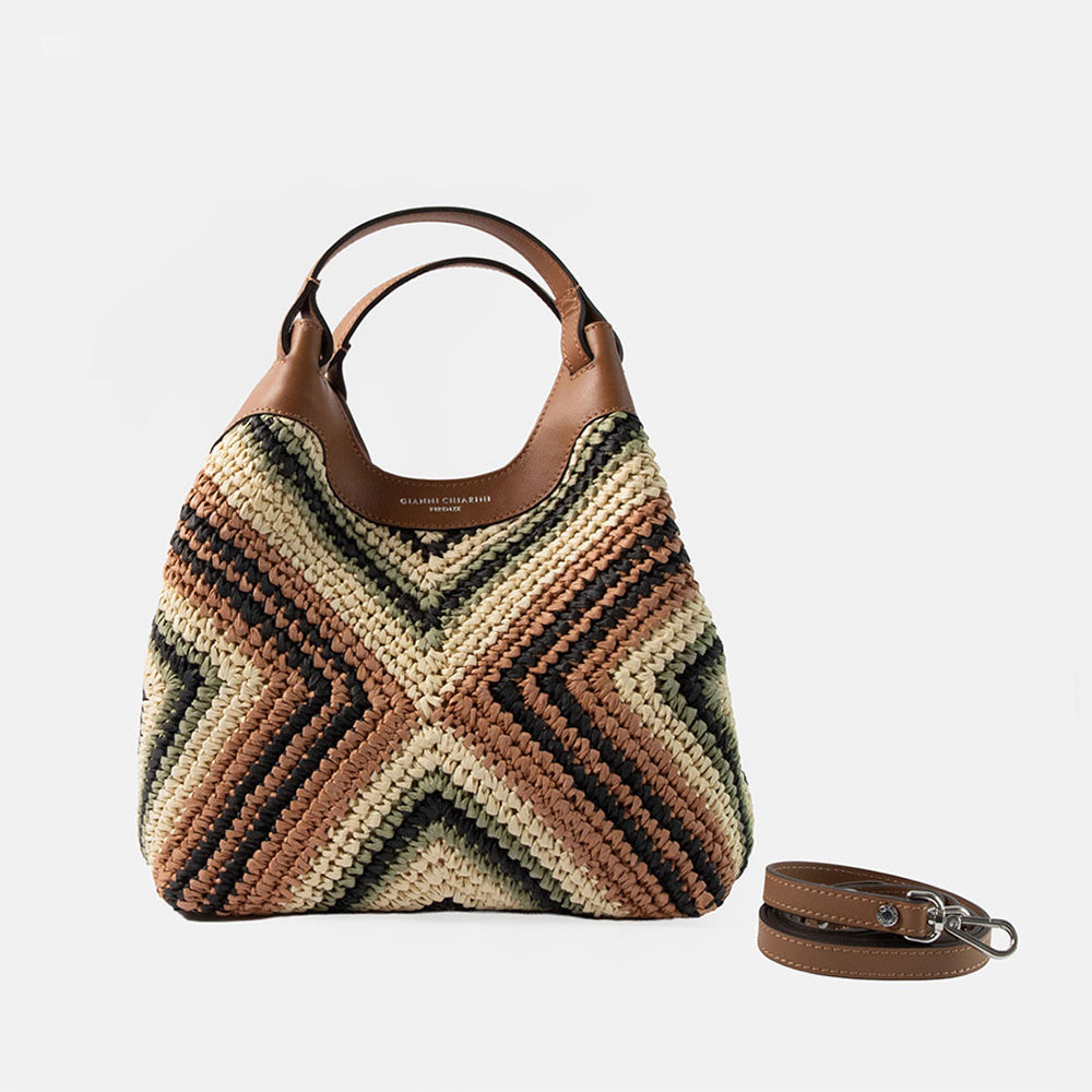 brown, beige and green chevron design woven straw handbag with brown leather handles and crossbody strap