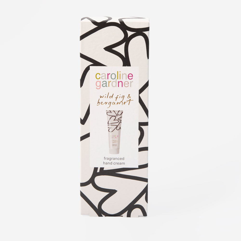 caroline gardner wild fig & bergamot fragranced hand cream, presented in a black & white heart print box