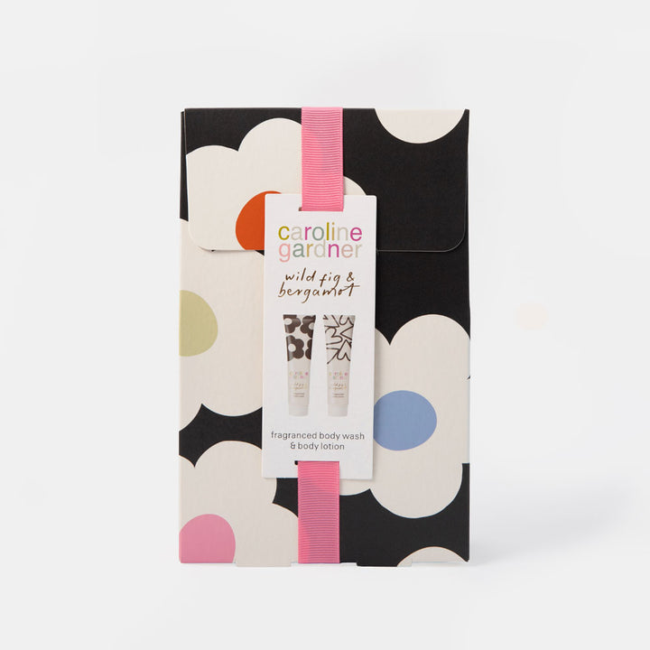caroline gardner wild fig & bergamot fragranced body wash & body lotion gift set on a white background