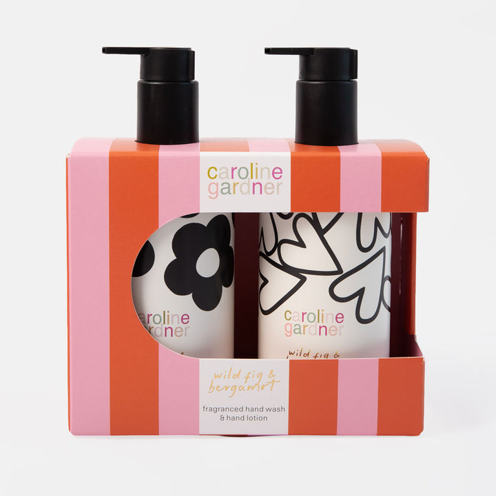 caroline gardner gift set of wild fig & bergamot fragranced hand wash & hand lotion, presented in a pink & orange striped gift box