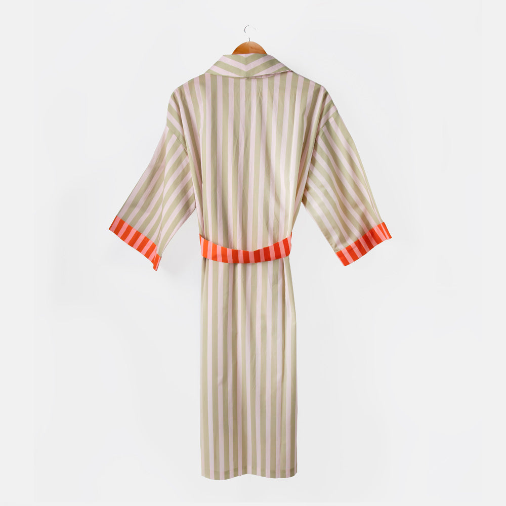 Striped robe with orange accents on a hanger against a white background