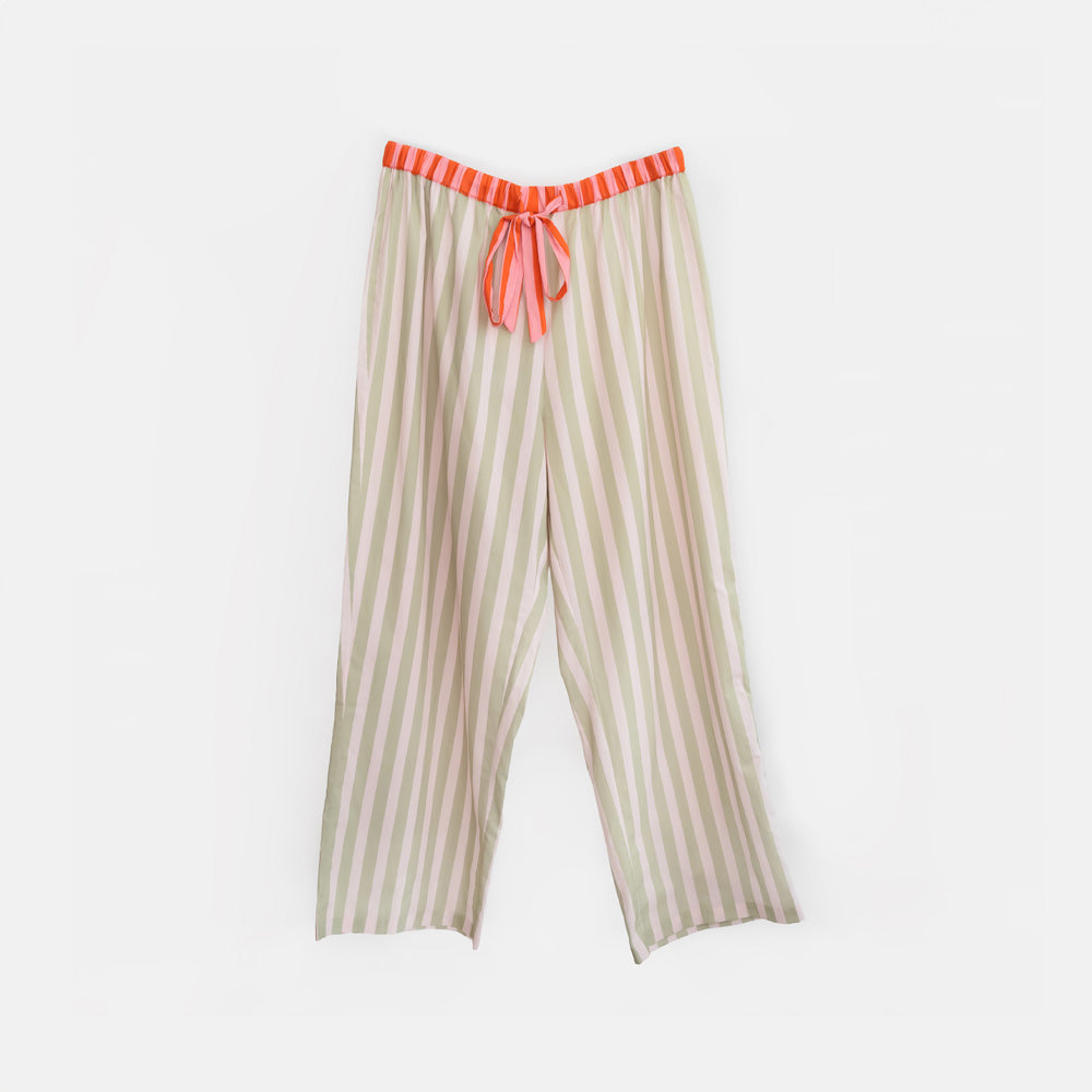 Striped lounge pants with a red waistband on a white background