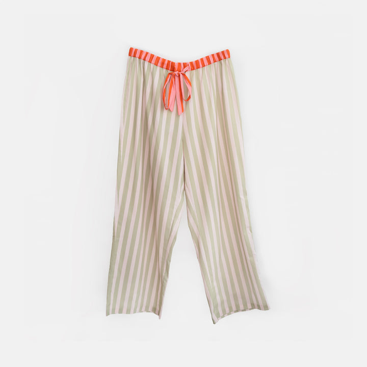 Striped lounge pants with a red waistband on a white background