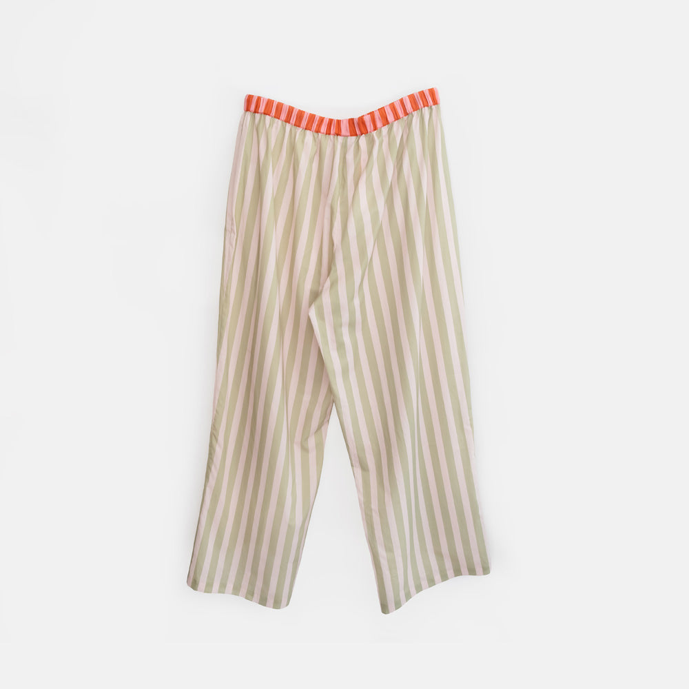 green & pale pink striped lounge pants with an orange & pink stripe waistband