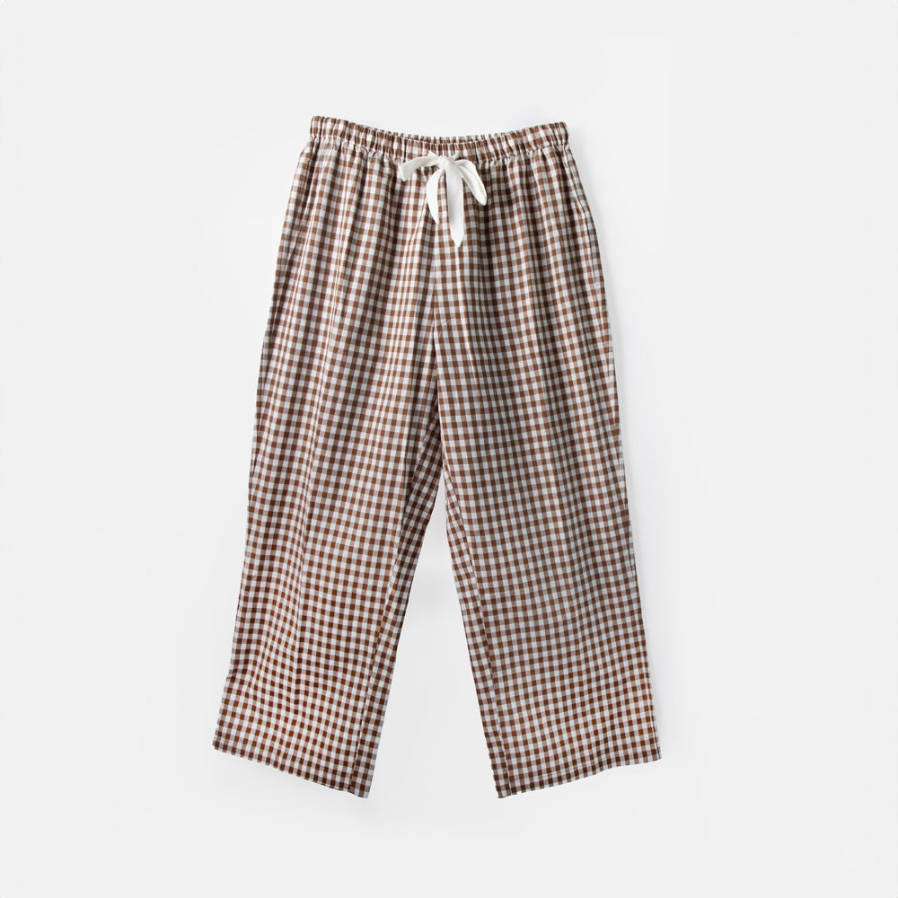 brown & white check lounge pants with a white waist tie
