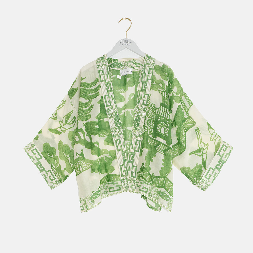 women's short kimono in green japanese style print on white base