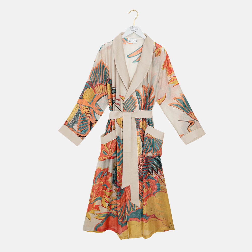 colourful cranes print dressing gown on a light grey background