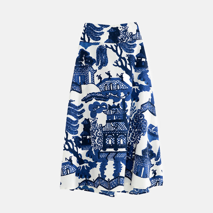a-line skirt with blue Japanese style design on a white background