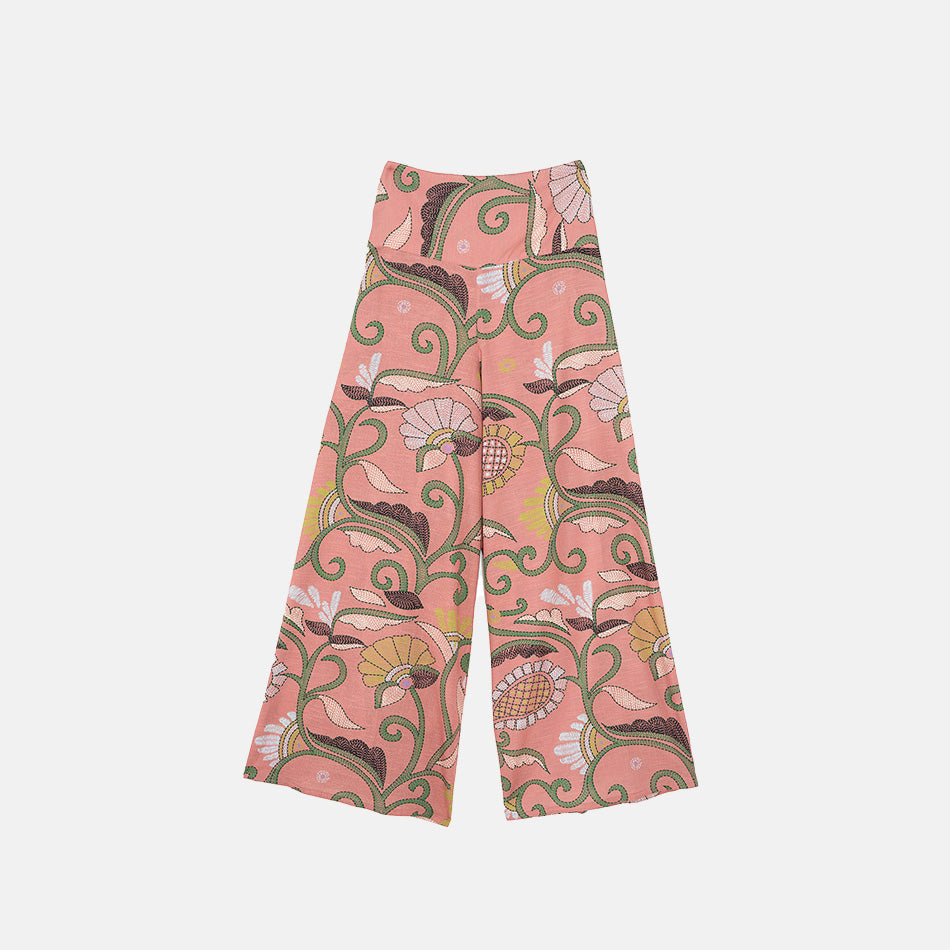pink floral-patterned palazzo pants on a white background