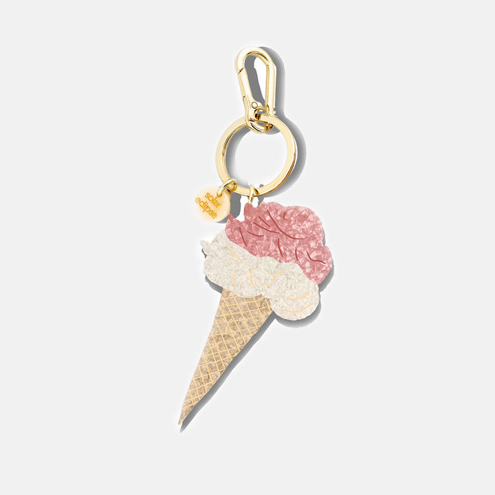 Ice cream cone bag charm with gold clasp on a white background