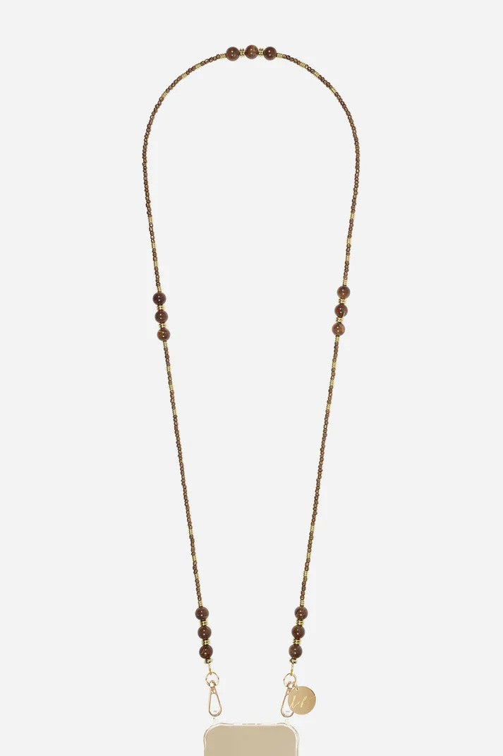 long beaded phone strap with bronze colour beads and gold hardware