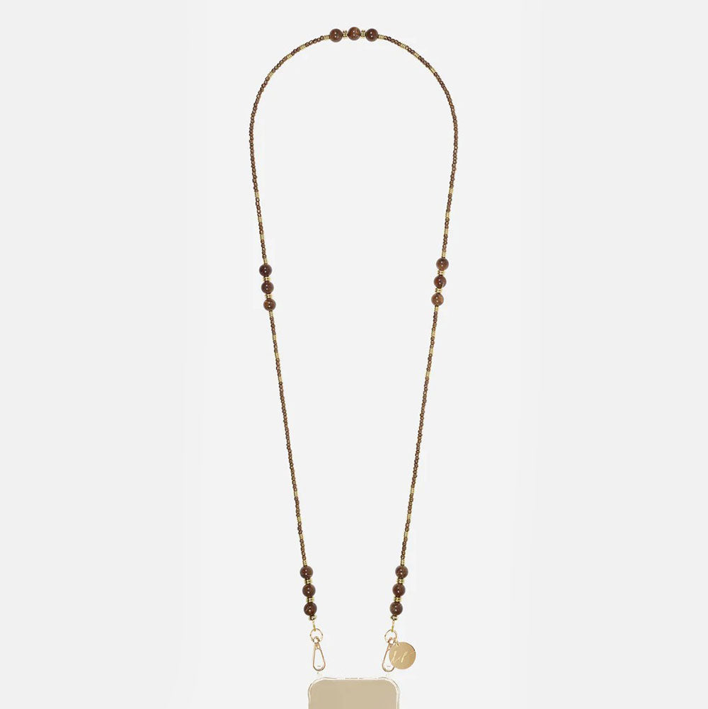 long beaded phone strap with bronze colour beads and gold hardware