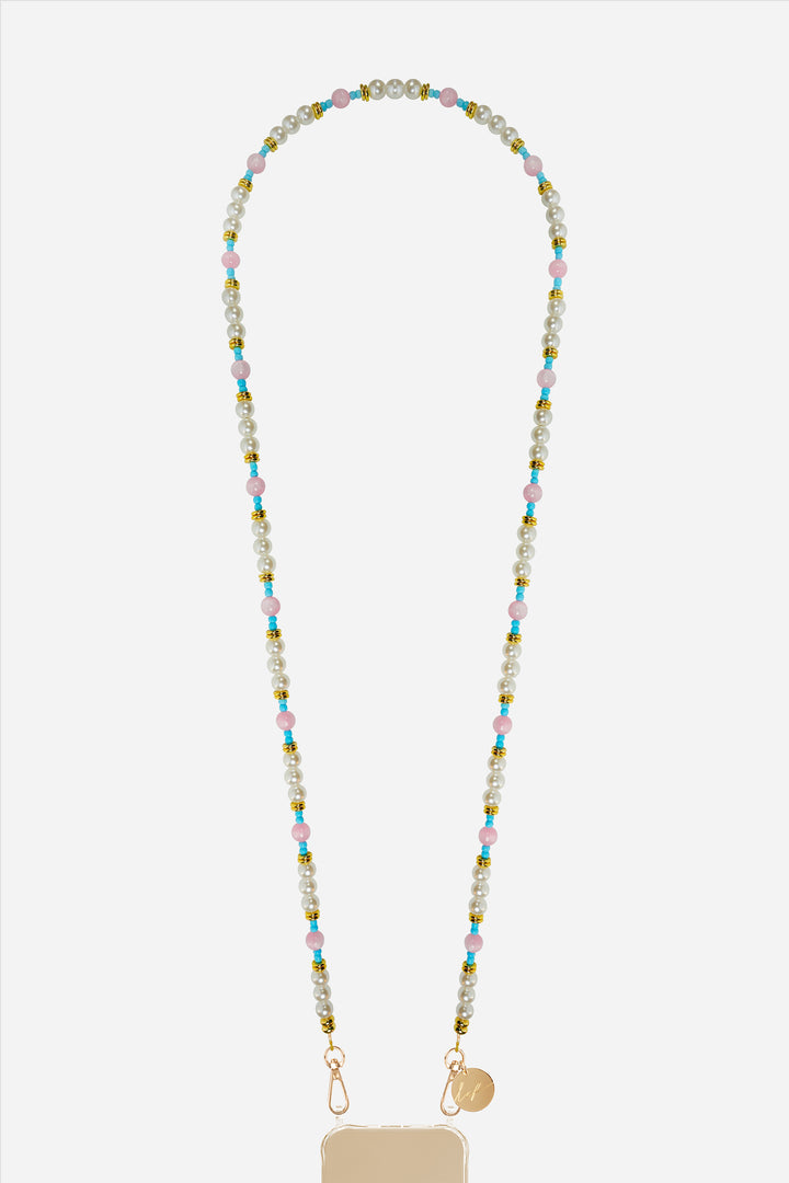 long phone strap with colourful beads and a gold tag on a white background
