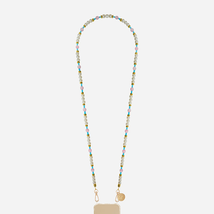 long phone strap with colourful beads and a gold tag on a white background