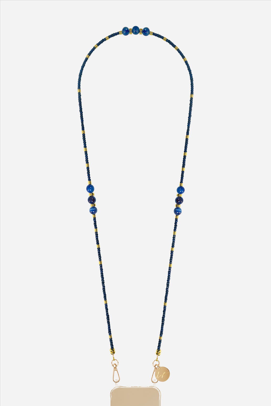 long phone chain with blue and gold beads on a white background