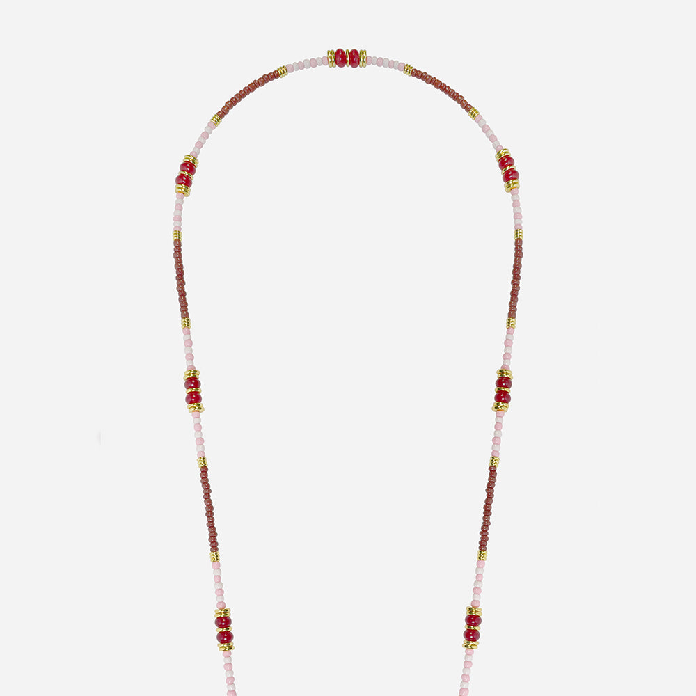 beaded phone strap with red, pink, white and gold beads