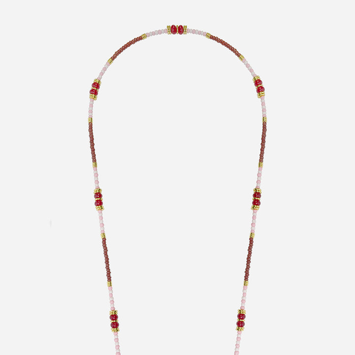 beaded phone strap with red, pink, white and gold beads