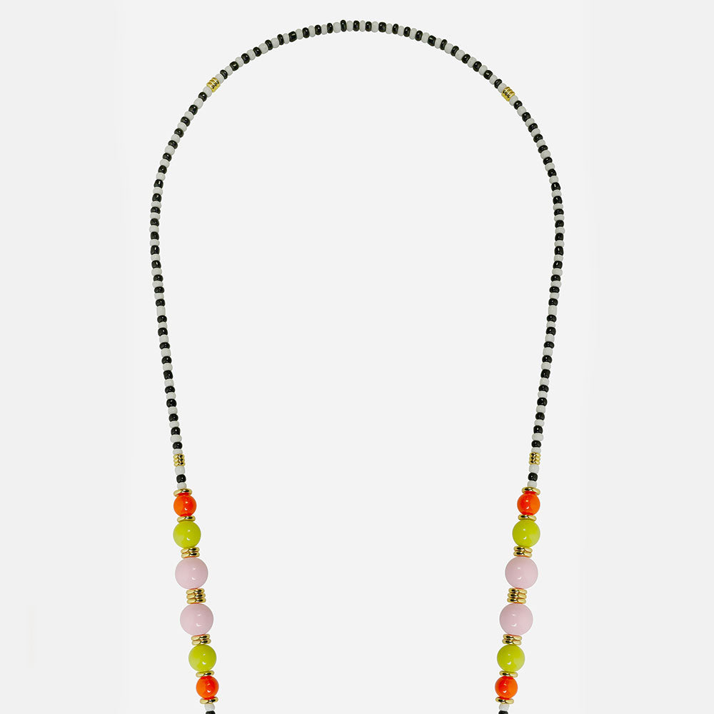 Phone chain with colourful beads and a gold charm on a light grey background