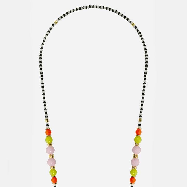Phone chain with colourful beads and a gold charm on a light grey background
