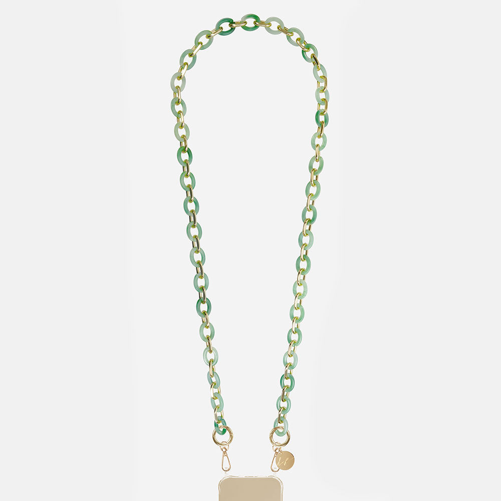green resin and gold metal link long phone chain