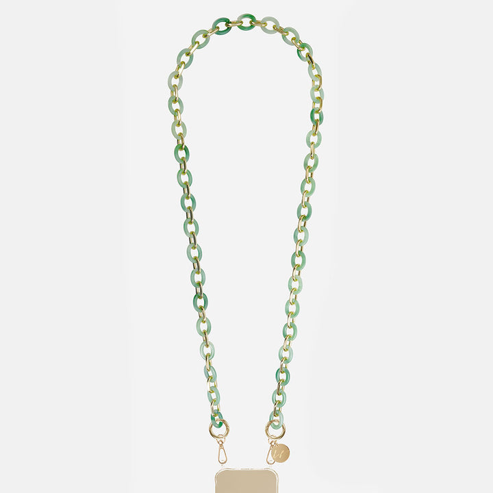 green resin and gold metal link long phone chain