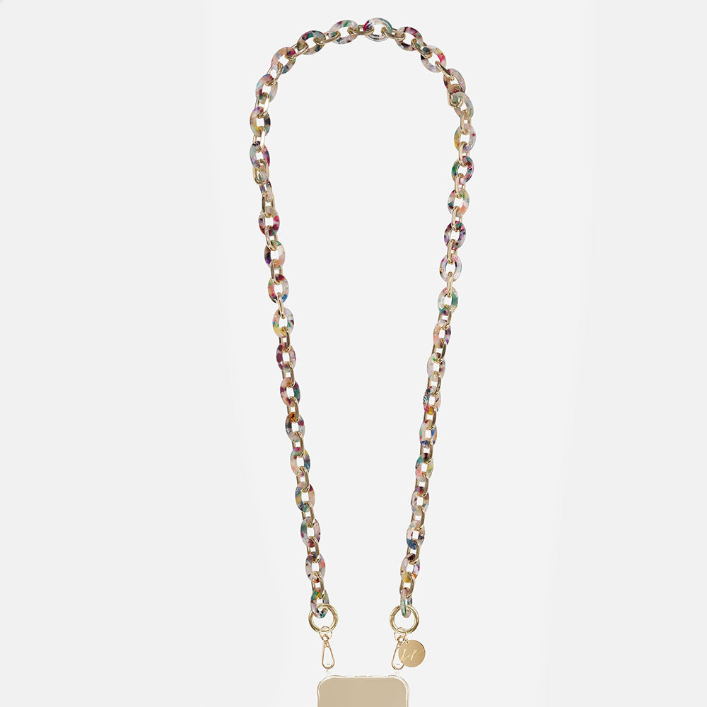 Phone chain with multi-coloured beads and a rectangular pendant on a light grey background