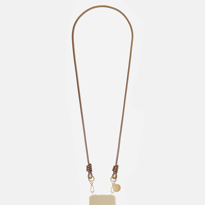 metallic bronze vegan leather long phone cord on a light background
