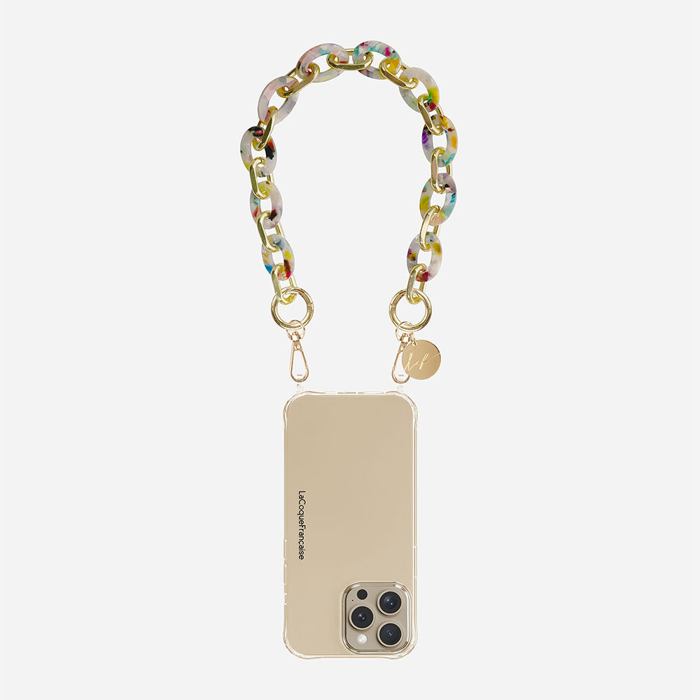 multicoloured resin & gold link chain short phone chain on a light grey background
