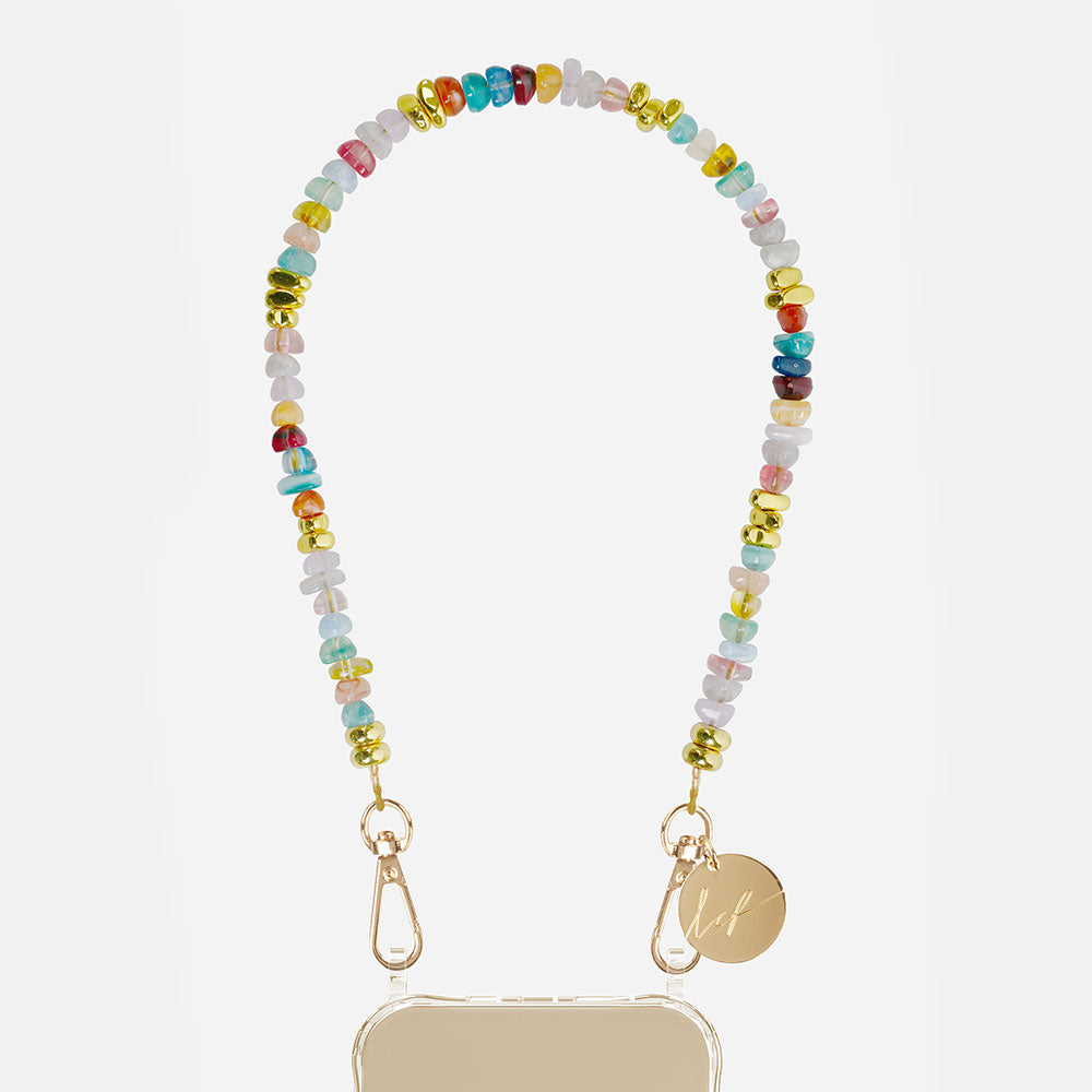 Colourful beaded short phone chain with a gold charm and pouch on a white background