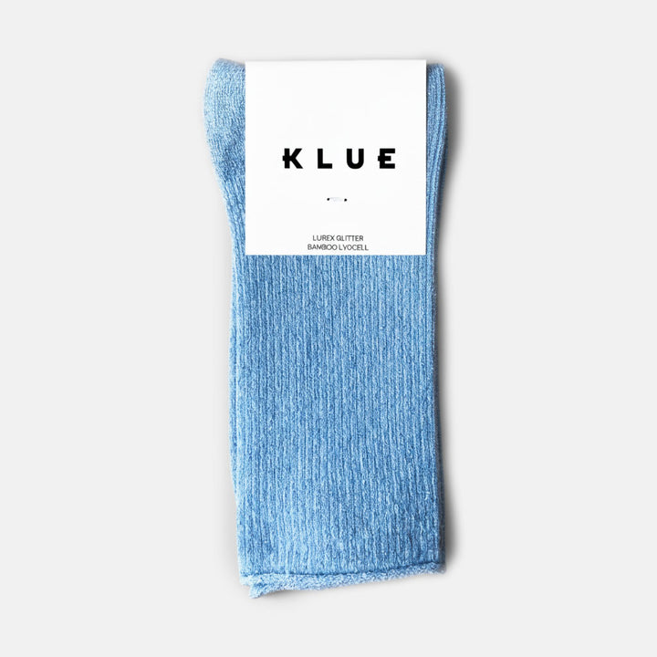 Blue sock with a KLUE label on a white background