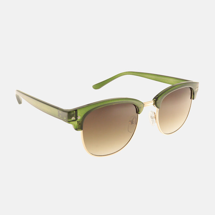 green framed sunglasses with brown gradient lenses on a white background