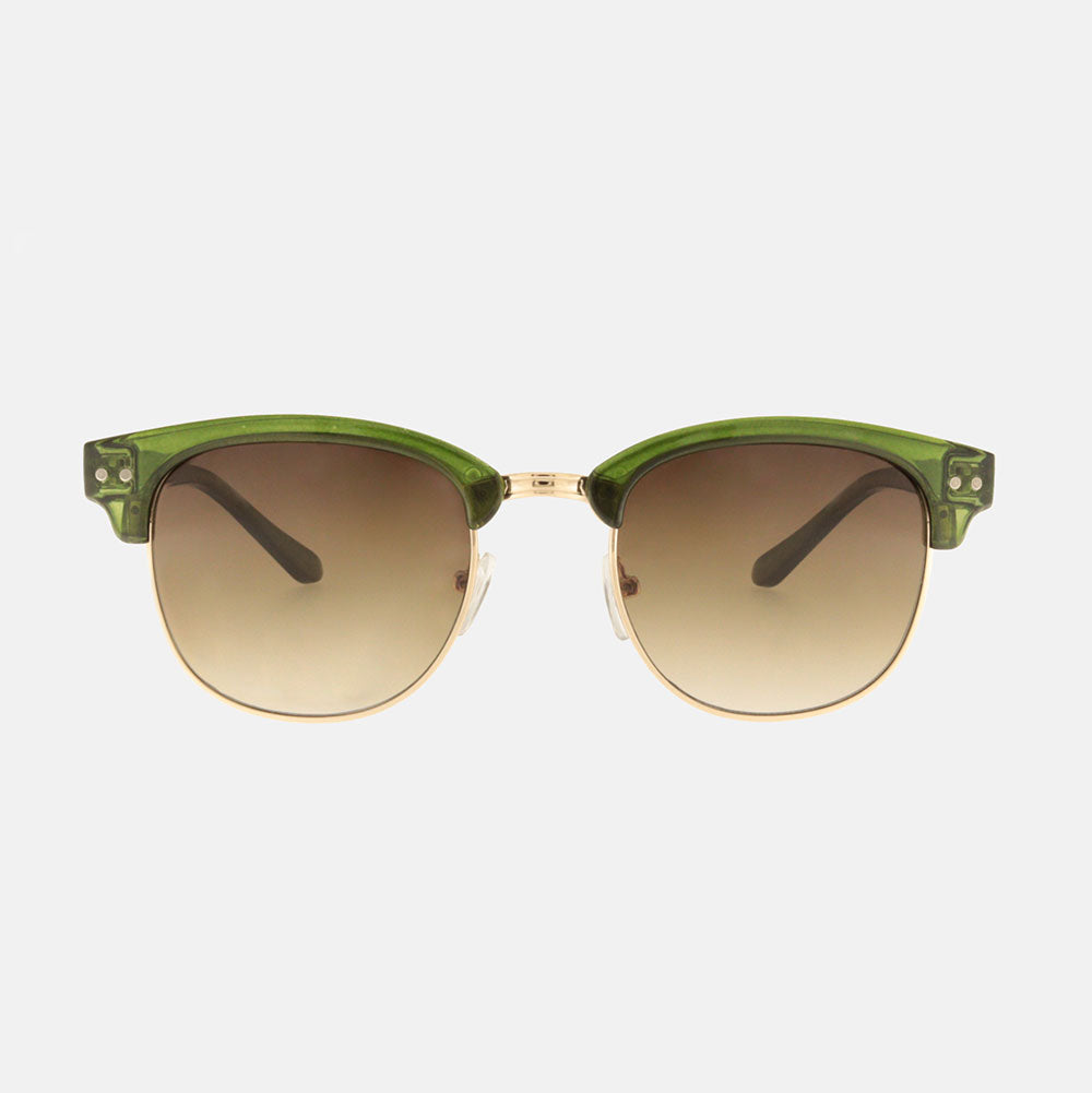 green framed sunglasses with brown gradient lenses on a white background