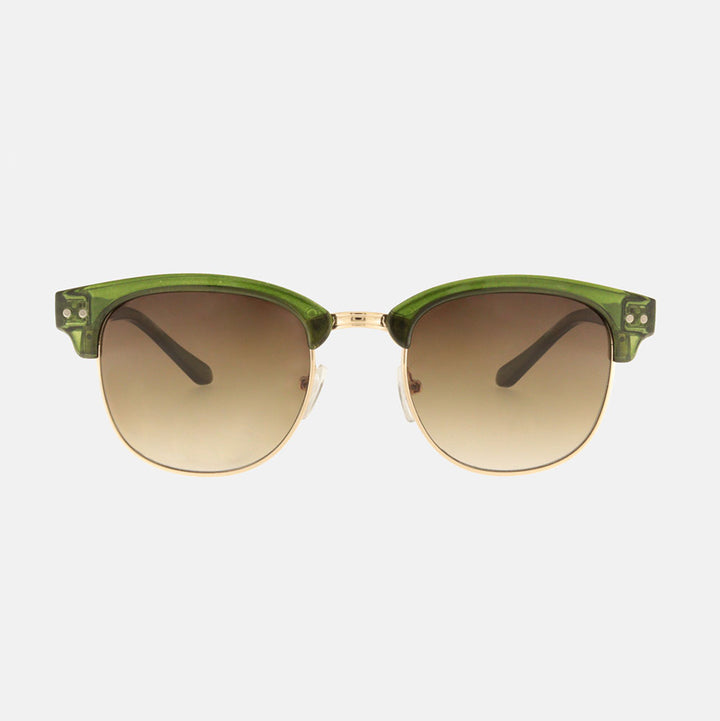 green framed sunglasses with brown gradient lenses on a white background