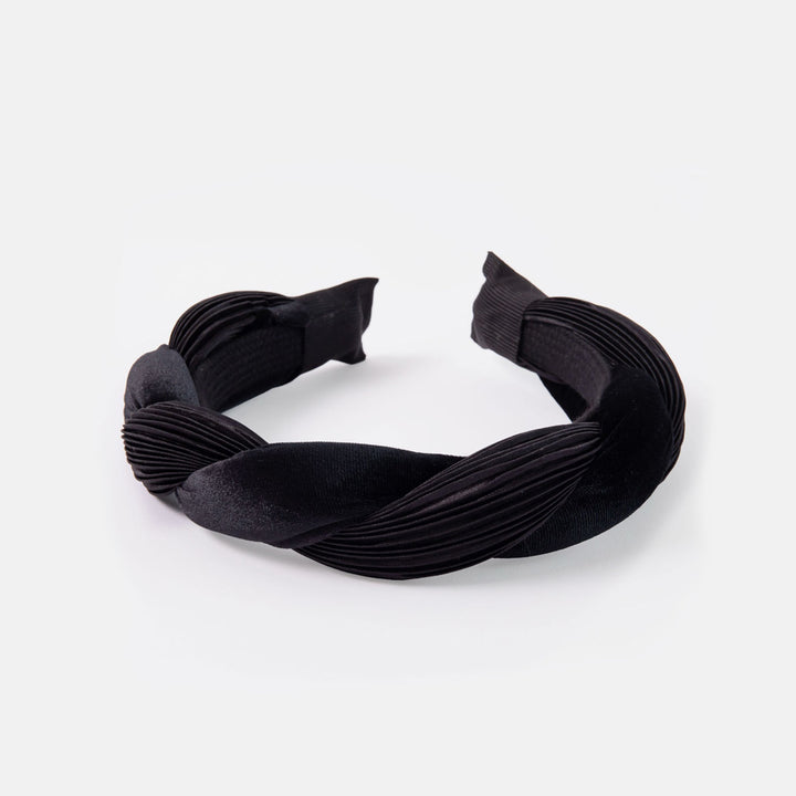 black silk & velvet twist headband on a white background