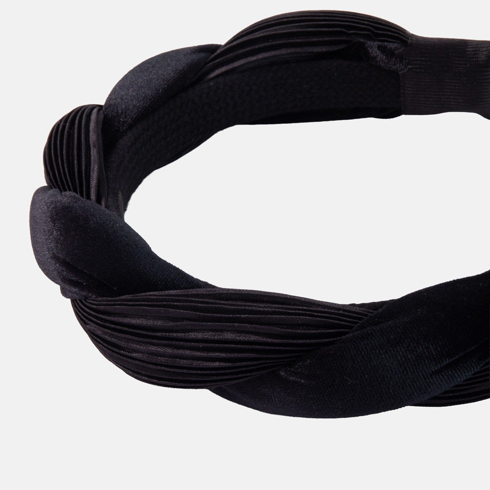 black silk & velvet twist headband on a white background