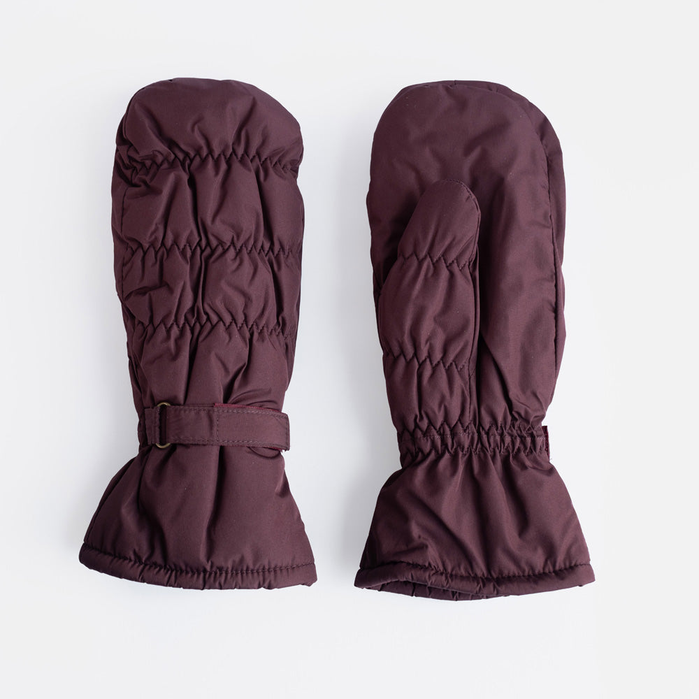 A pair of maroon padded mittens with a ruched, quilted finish and adjustable wrist strap, on a light grey background.
