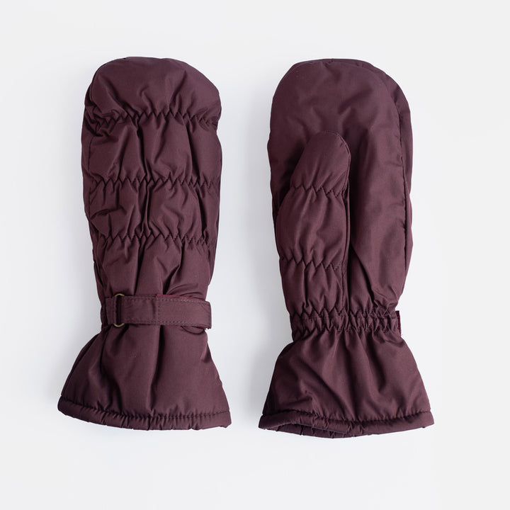A pair of maroon padded mittens with a ruched, quilted finish and adjustable wrist strap, on a light grey background.